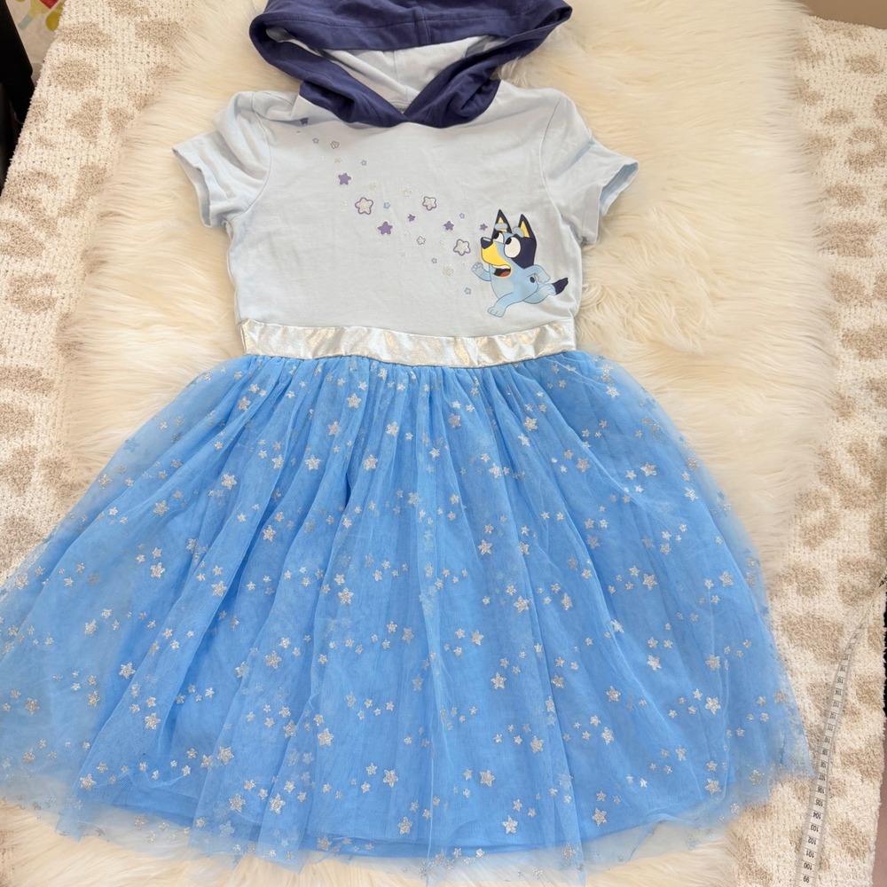 Bluey Hooded Tulle Dress Kids Size 8 Blue Silver Star Graphic 3D Ears